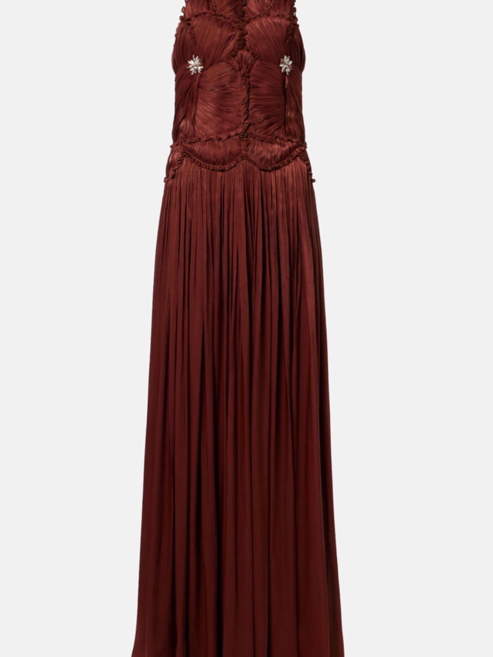Elegant Deep Rust Maxi Dress with Embellished Bodice